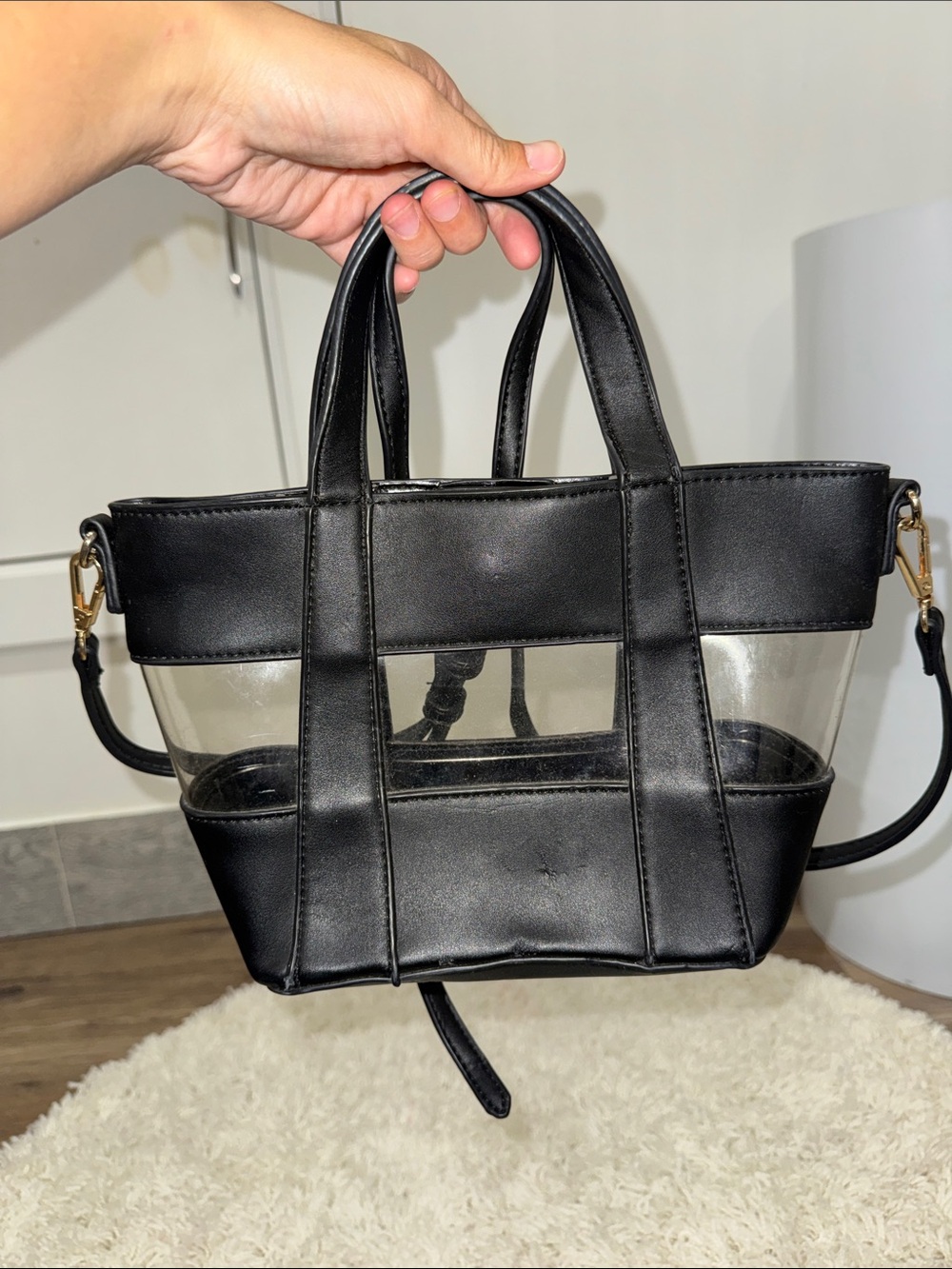 Clear Panel Black Tote Bag with Removable Strap